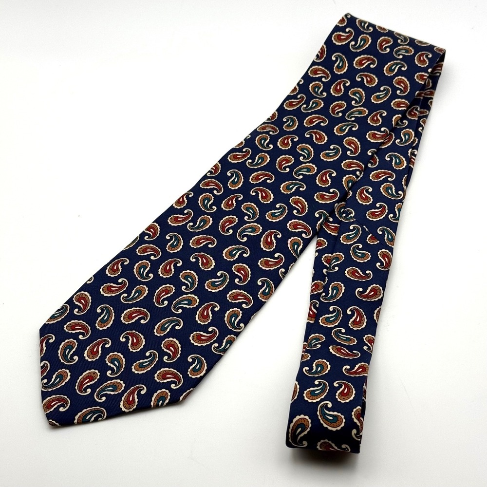 Rooster Mens Silk Tie Navy Blue Paisley Pattern Made in USA 3.75 Inch Width - Picture 6 of 10